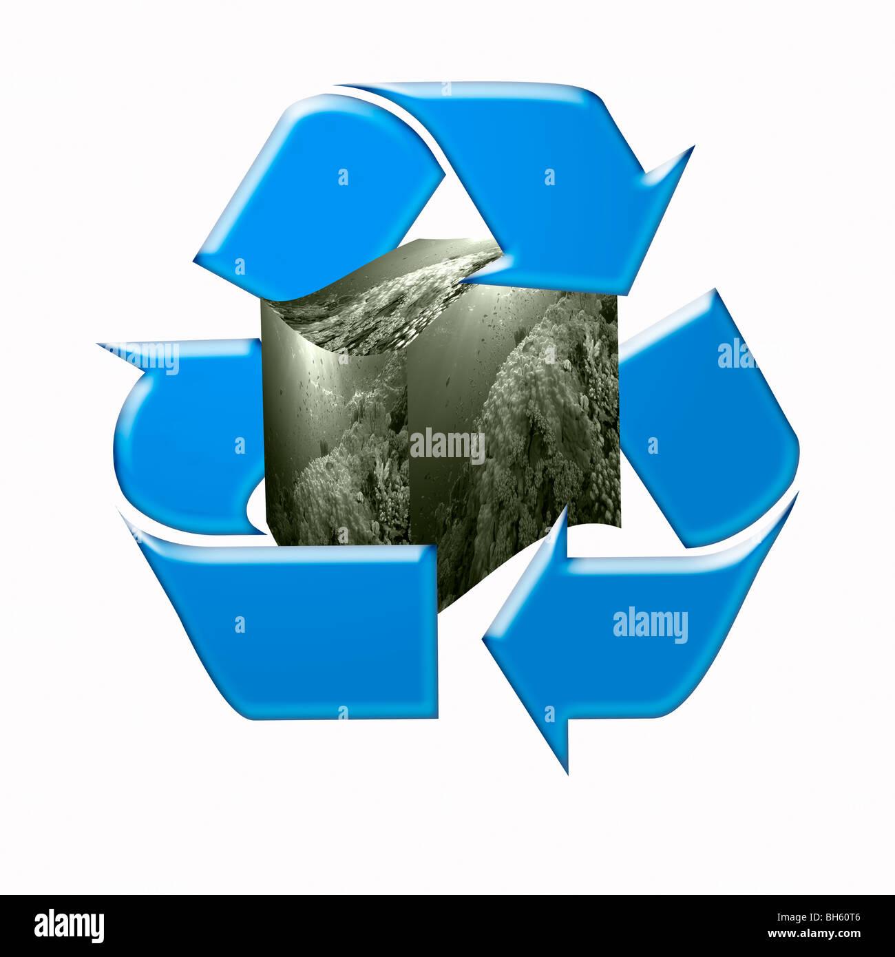 Recycle Symbol surrounding a Photograph of a Coral Reef in the shape of a Cube. Conceptual Image of Preserving the Oceans Stock Photo