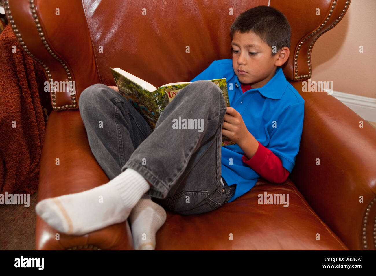 multi racial diversity racially diverse multicultural cultural 8 year old boy reading book relax relaxing relaxes relaxed cuddled up rainy day activity Stock Photo