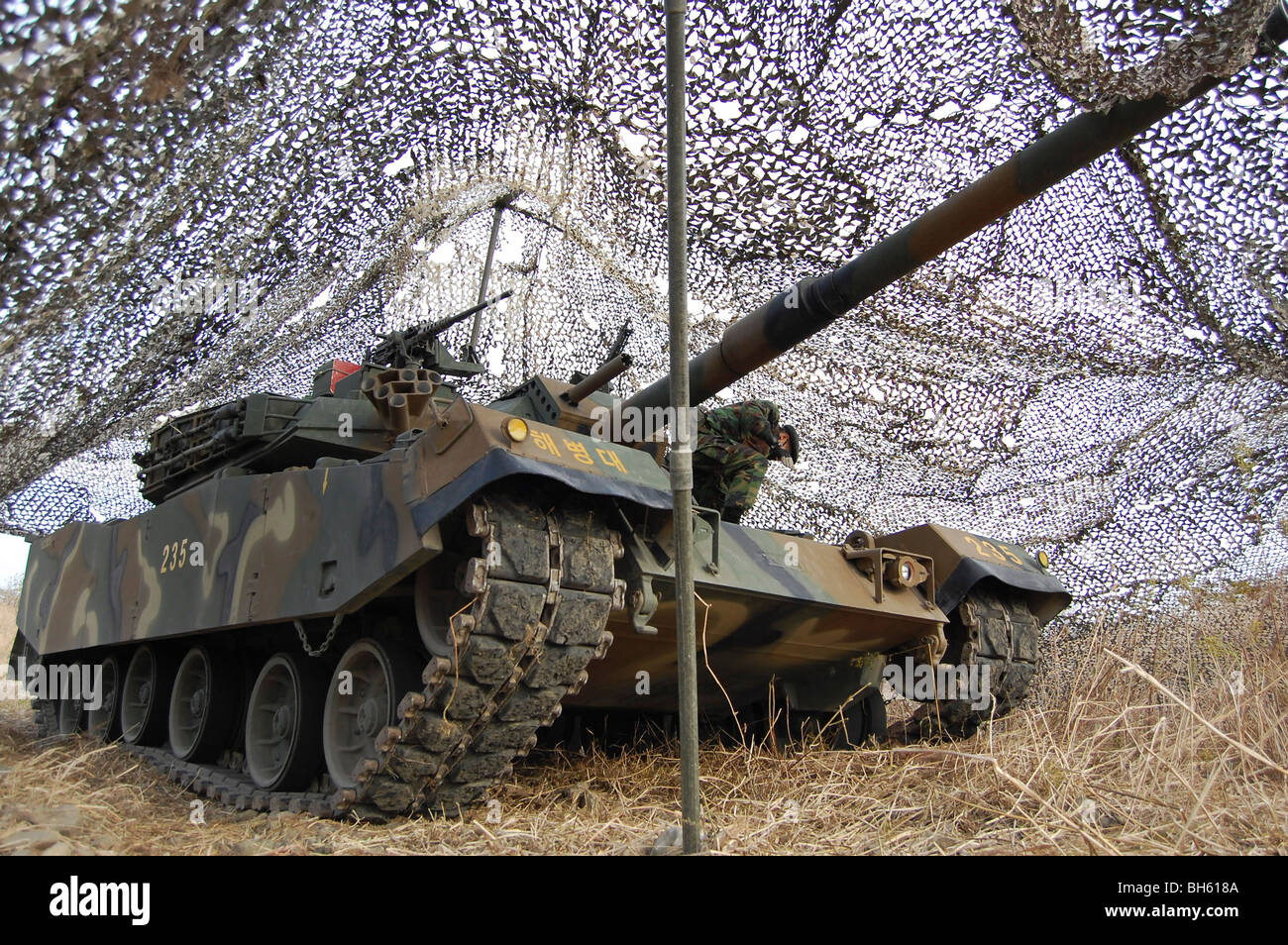 Mock aggressors from Republic of Korea Marine Corps prepare their tank. Stock Photo