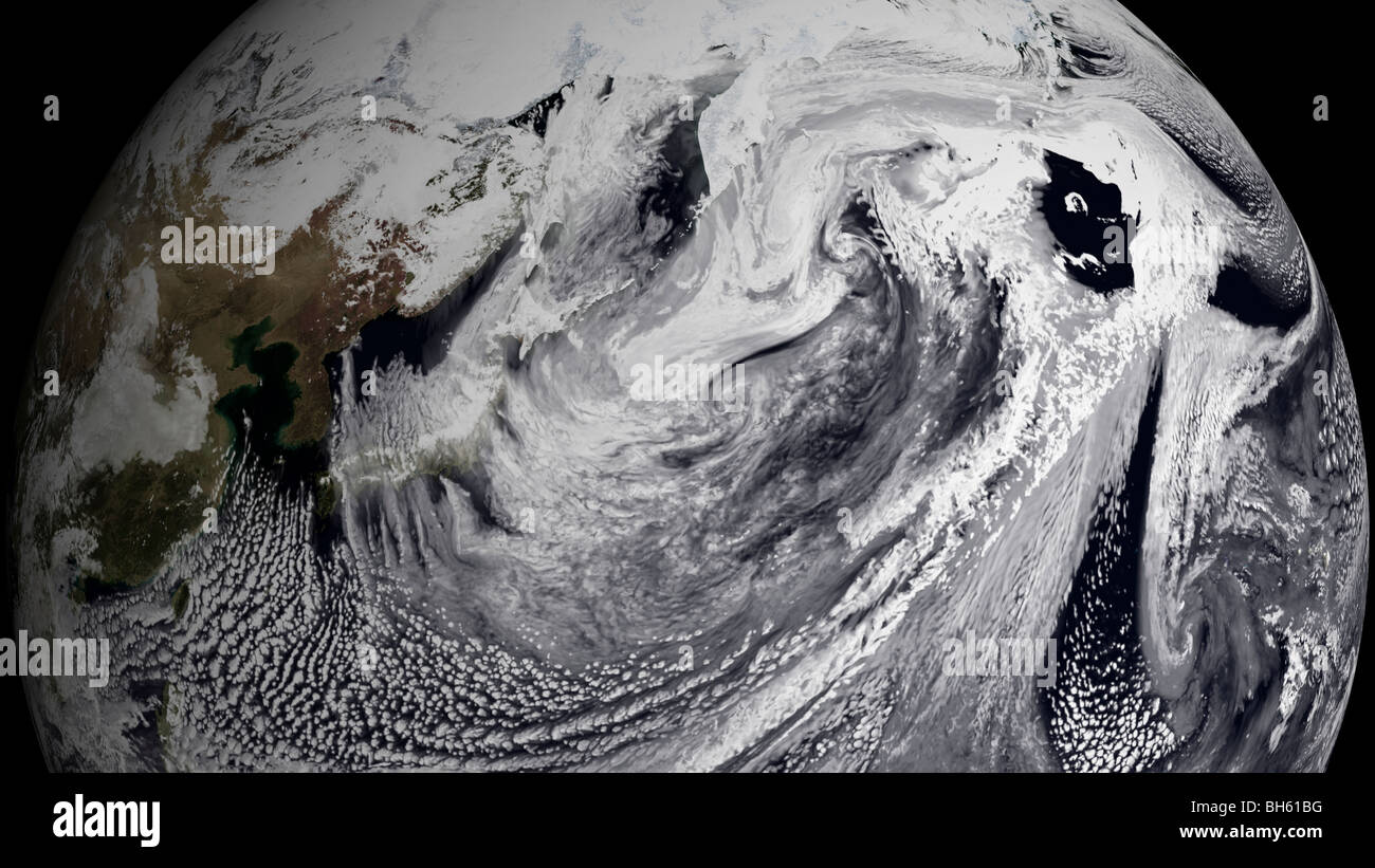 January 2, 2009 - Cloud simulation of a single day centered over the middle Pacific. Stock Photo