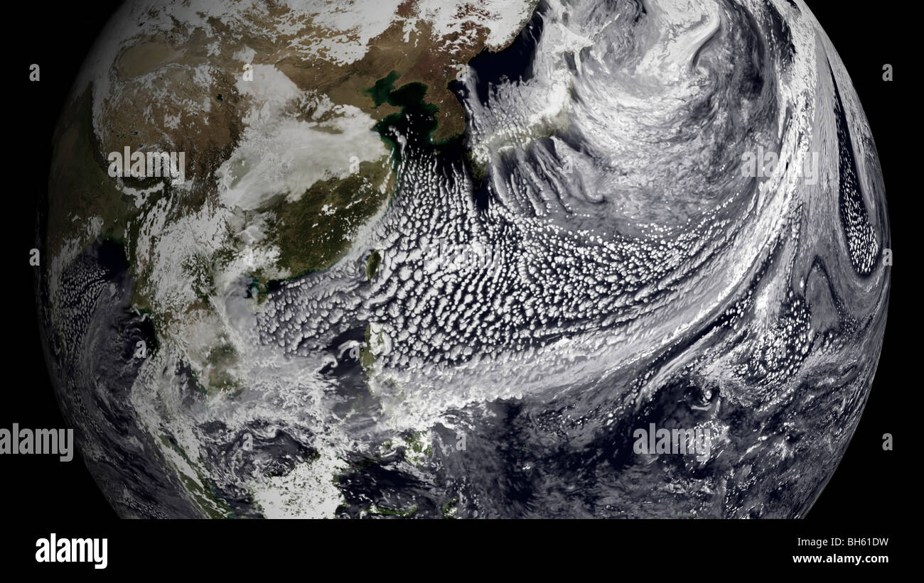 January 2, 2009 - Cloud simulation of a single day centered over the western Pacific. Stock Photo