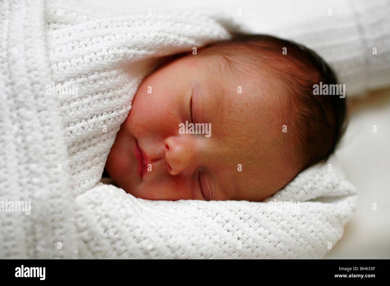 New born baby boy sleeping shortly after birth, swaddled in white blanket in hospital. Stock Photo