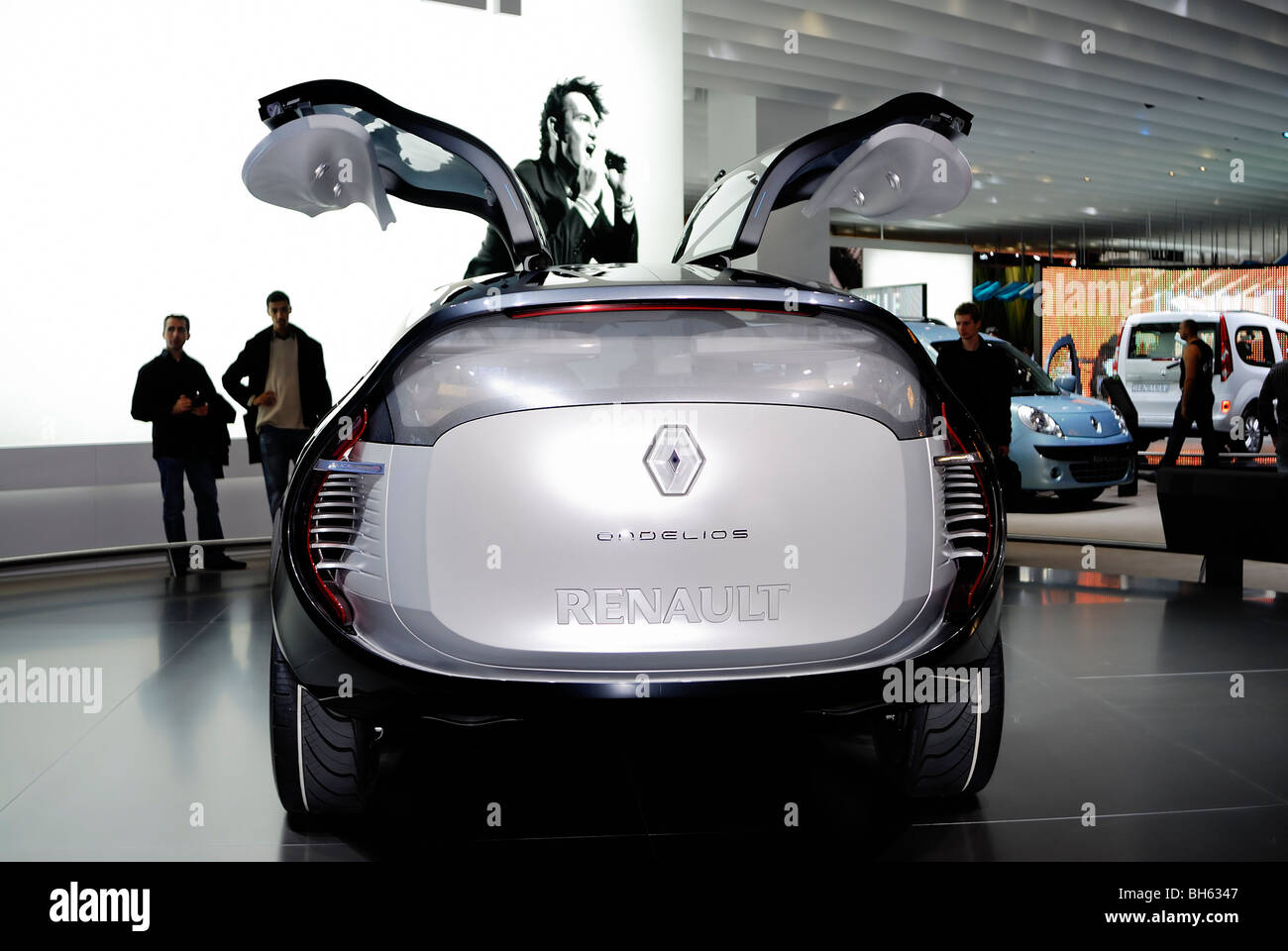 Paris, France, Paris Auto Show, Electric Motor Concept Car, Renault Ondelios; Rear View with open doors "back to the future cars » green cars marketing Stock Photo