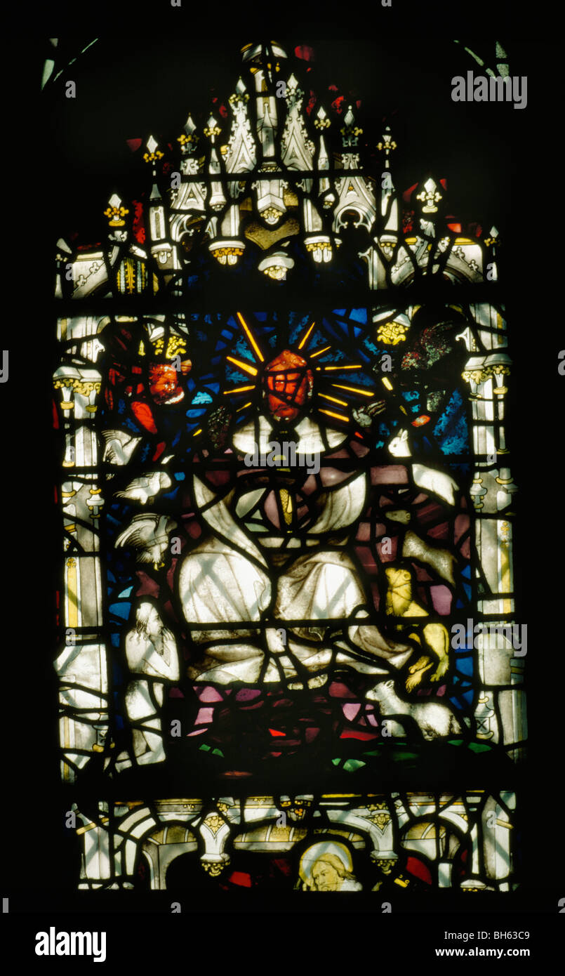York Minster, stained glass, The Great East Window, 1405-8 , by John Thornton, the Creation of the world Lucifer Stock Photo