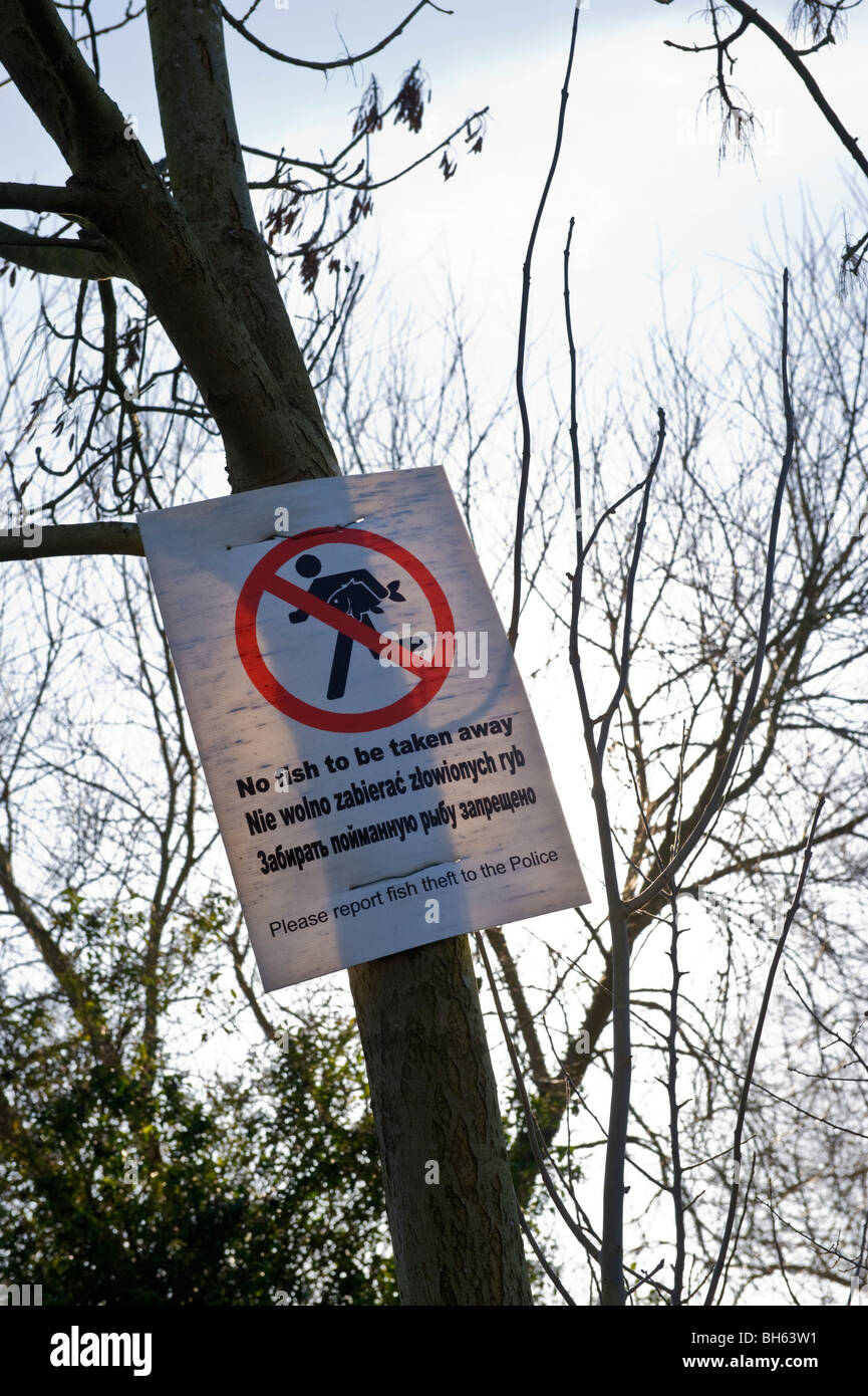 No fish to be taken away notice; a warning sign to poachers illegally removing fish. Stock Photo