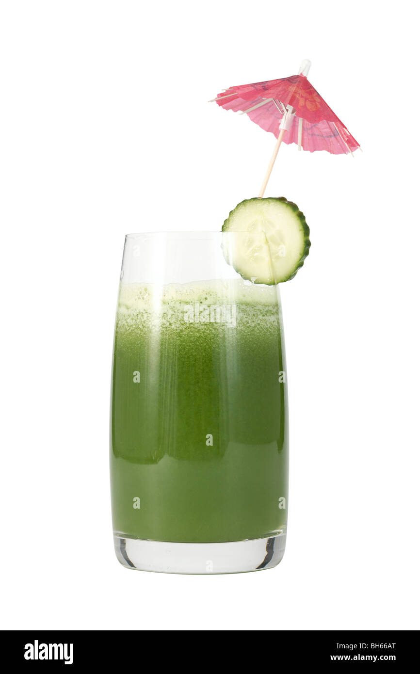 Glass of cucumber juice and slice of a cucumber on a white background Stock Photo