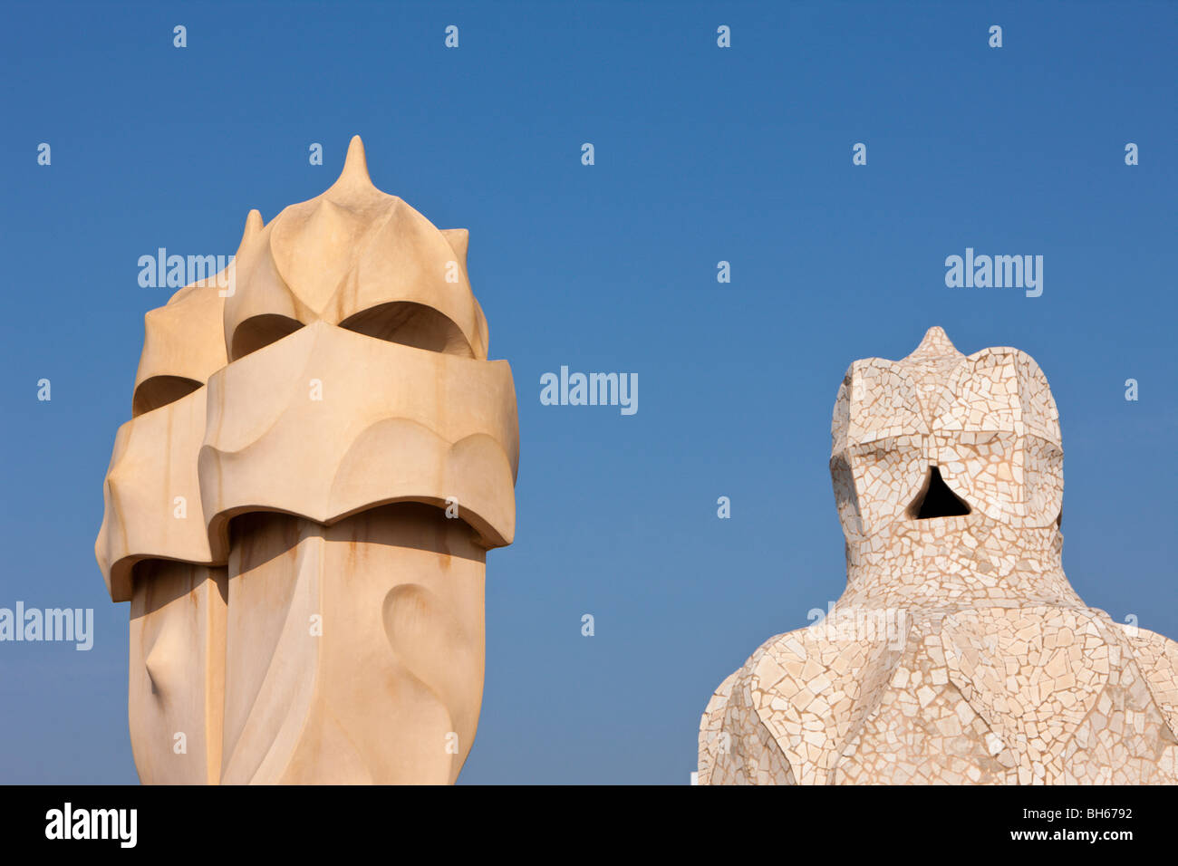 Sculptures of Architect Antoni Gaudi on Casa Mila Rooftop, Barcelona, Catalonia, Spain Stock Photo