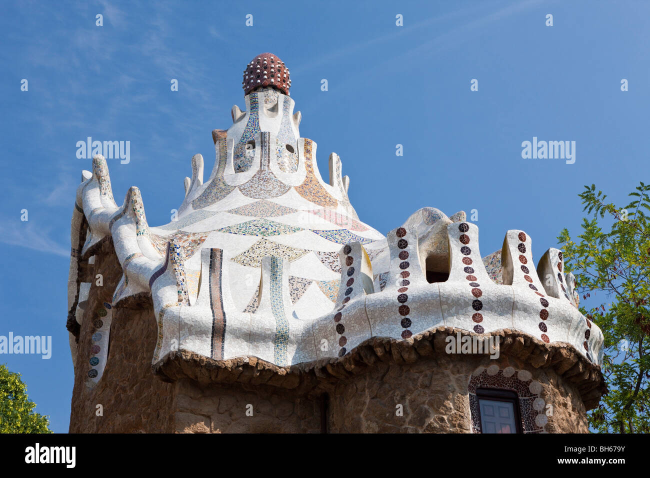Roof of Gatehouse in Park Guell of Architect Antoni Gaudi, Barcelona, Catalonia, Spain Stock Photo