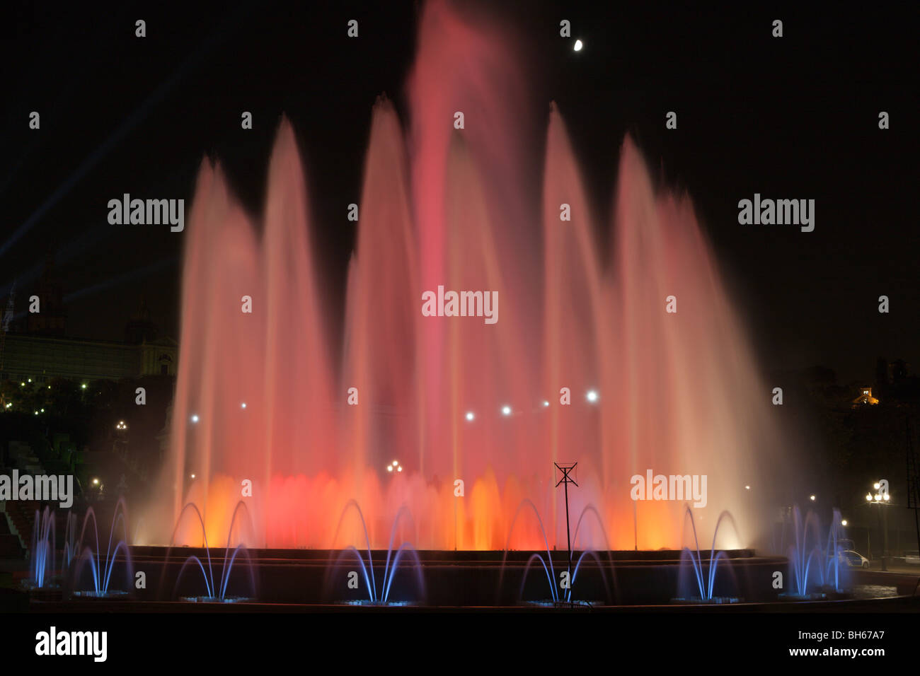 Illuminated Fountain Font Magica at Montjuic, Barcelona, Catalonia, Spain Stock Photo