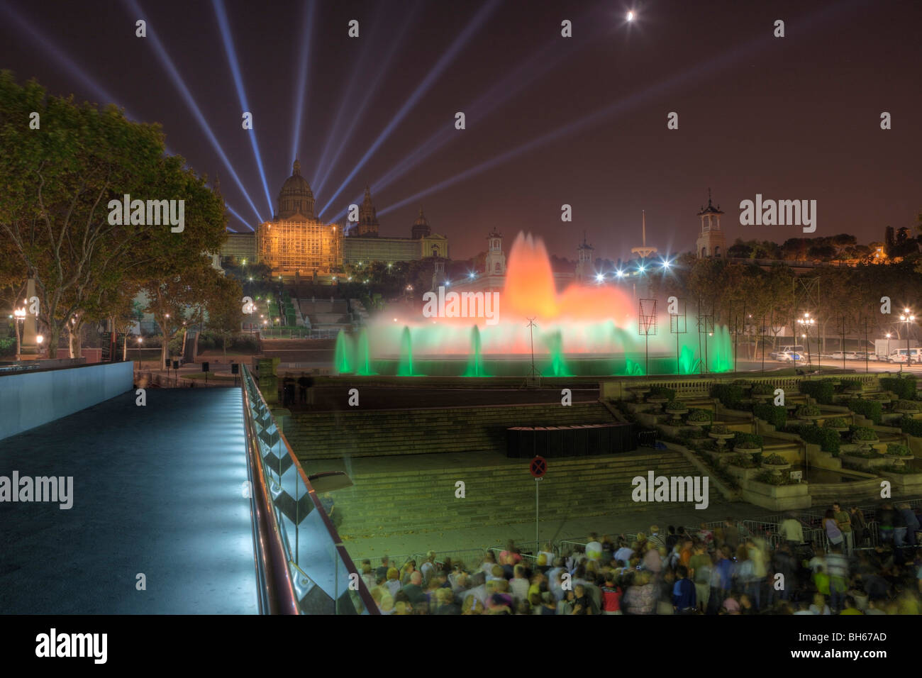Lightshow with Illuminated Fountain Font Magica at Montjuic, Barcelona, Catalonia, Spain Stock Photo