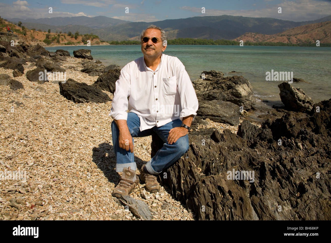 President Jose Ramos-Horta, East Timor, on beach west of Dili stops to admire his now peaceful country 6/8/07 Stock Photo