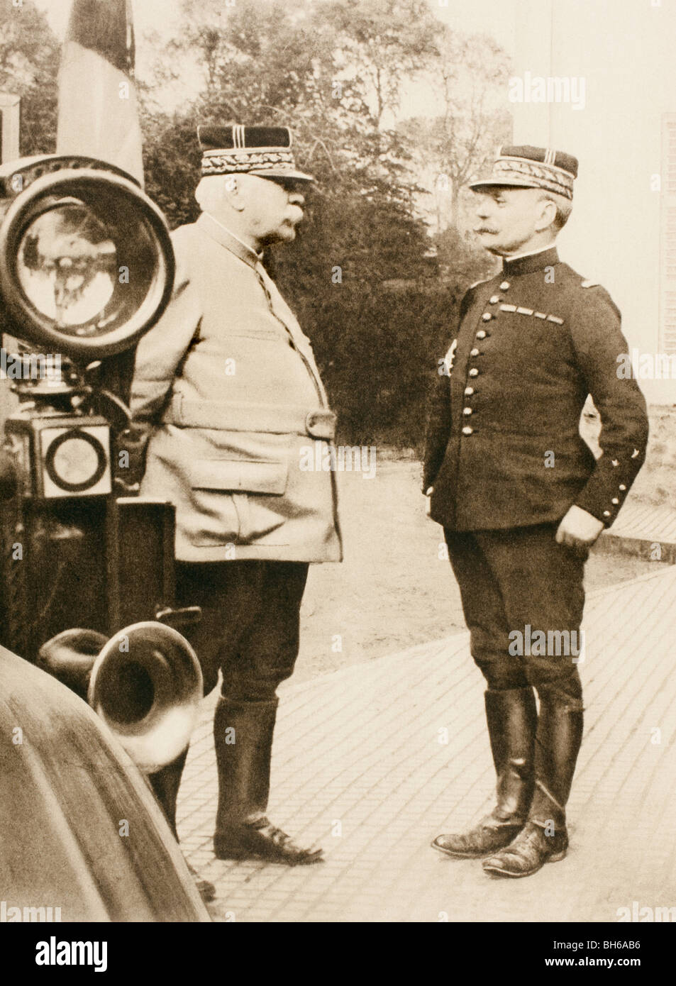 General Joffre (left) and Marshal Foch (right) meet during First World War. Stock Photo