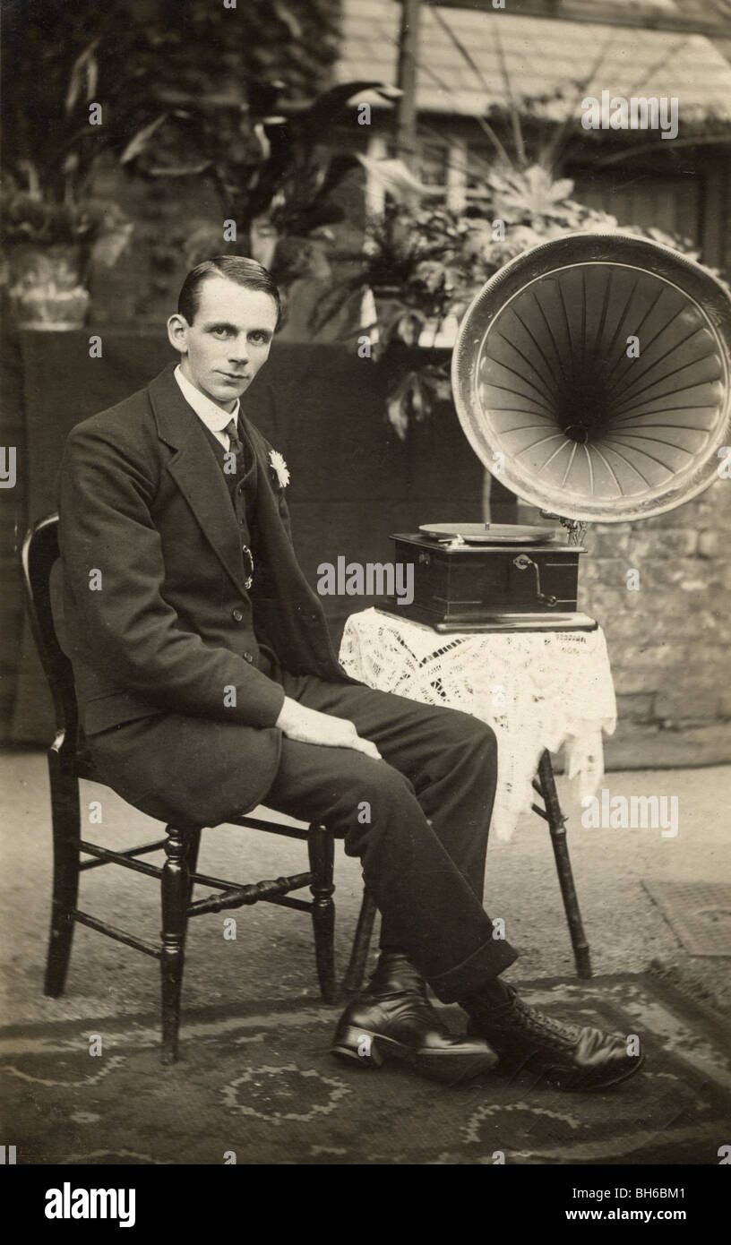 Young Man Displaying a Gramophone Stock Photo