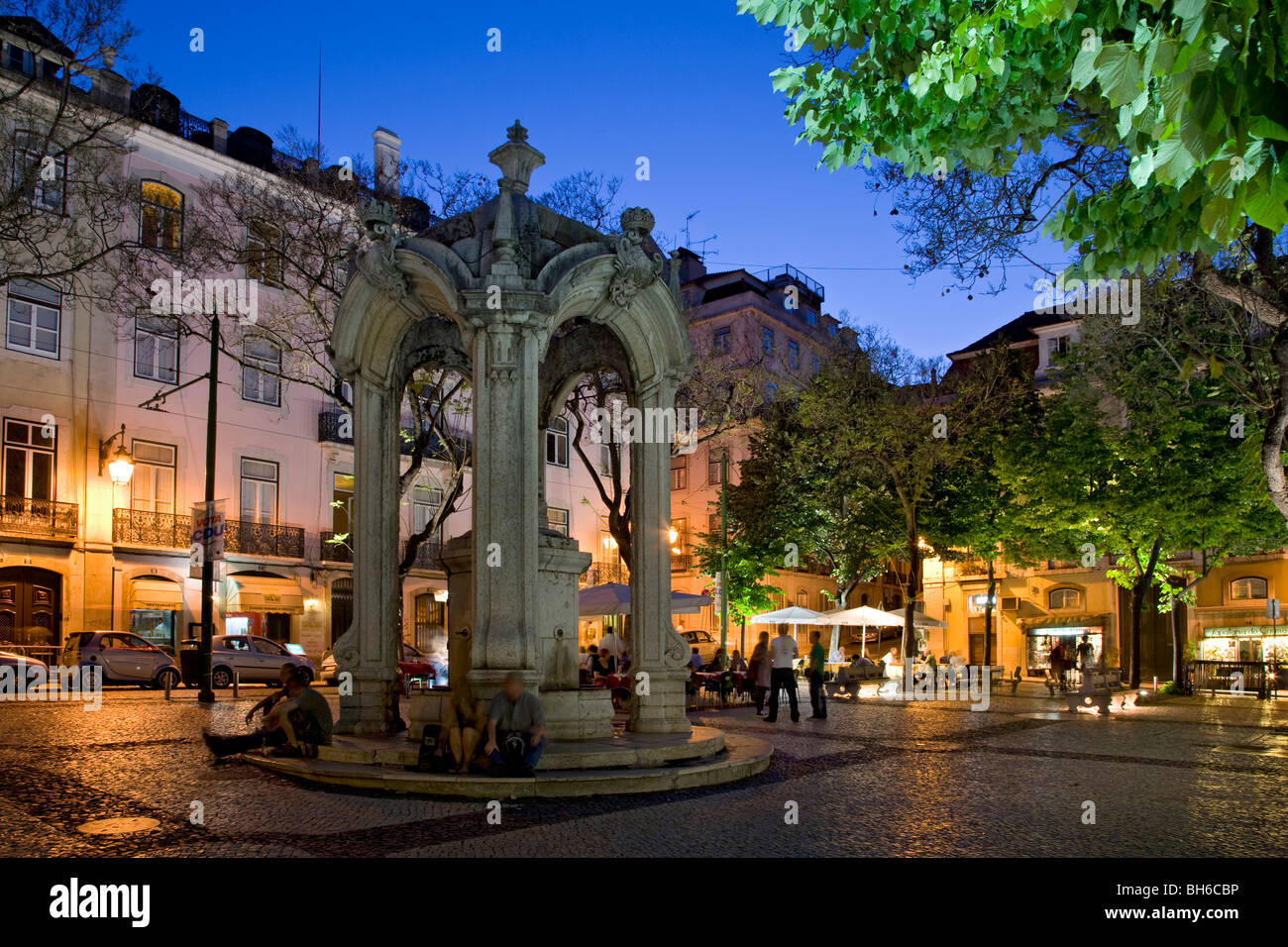 Park square in Bairro Alto in high quarter district above city of Lisbon at night, Portugal, Europe Stock Photo