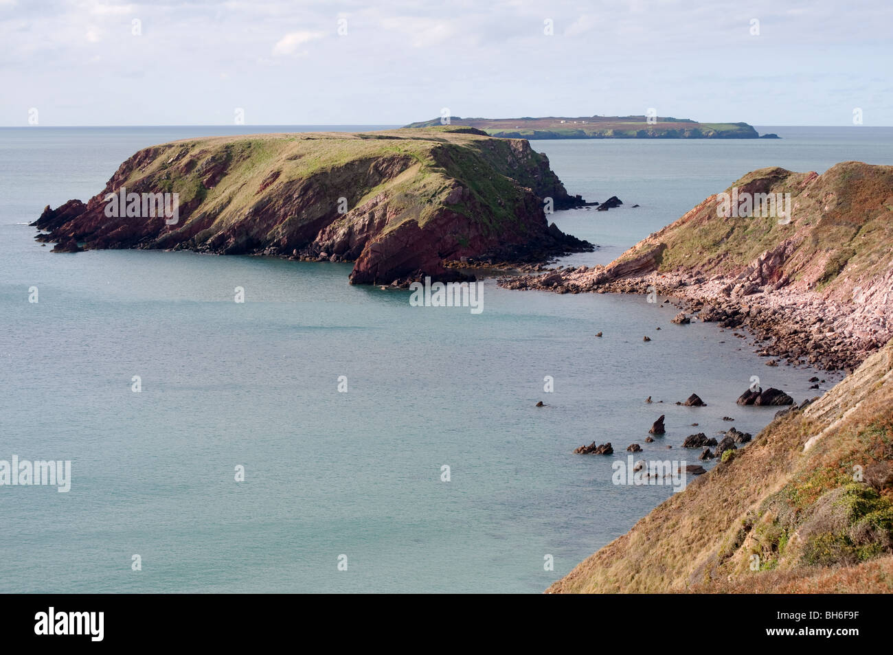 Gateholm and Skokholm Islands viewed from coastal path on Marloes Peninsula, South Wales Stock Photo