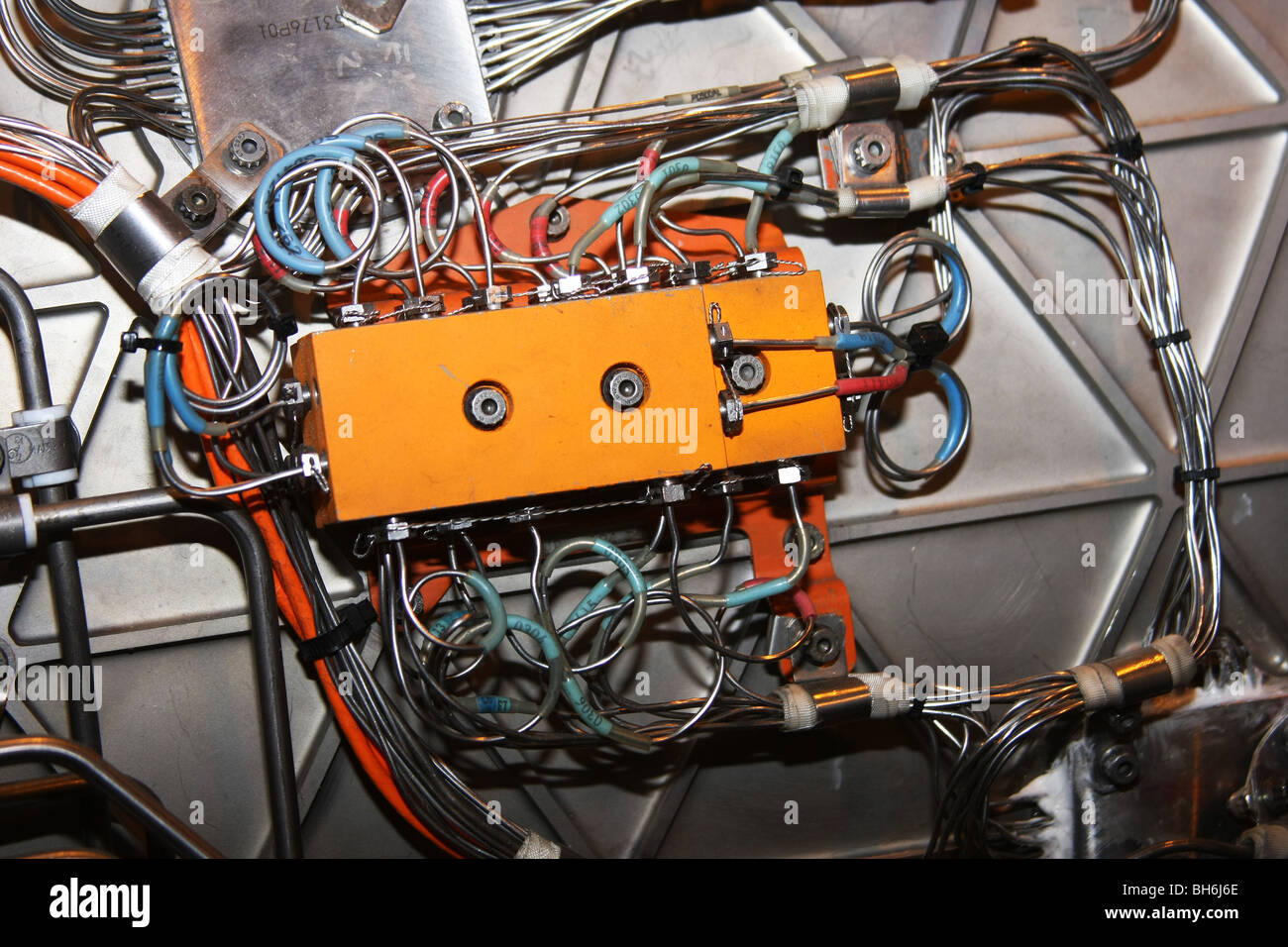 Control systems on turbojet engine fitted to the outside of the case. Stock Photo