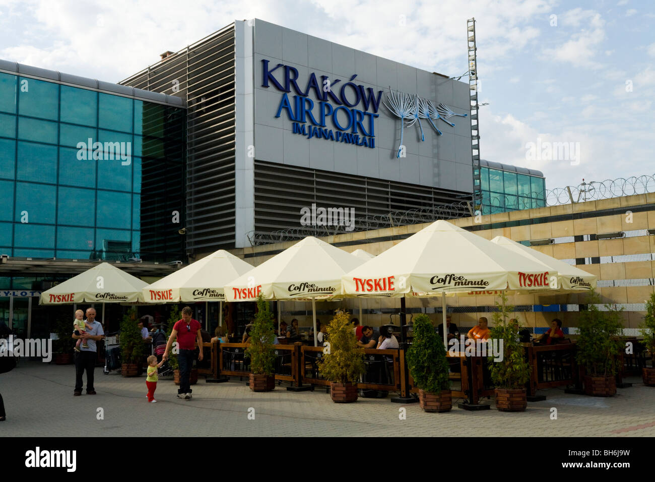 Cafe bar tables and chairs outside Krakow International Airport (Balice