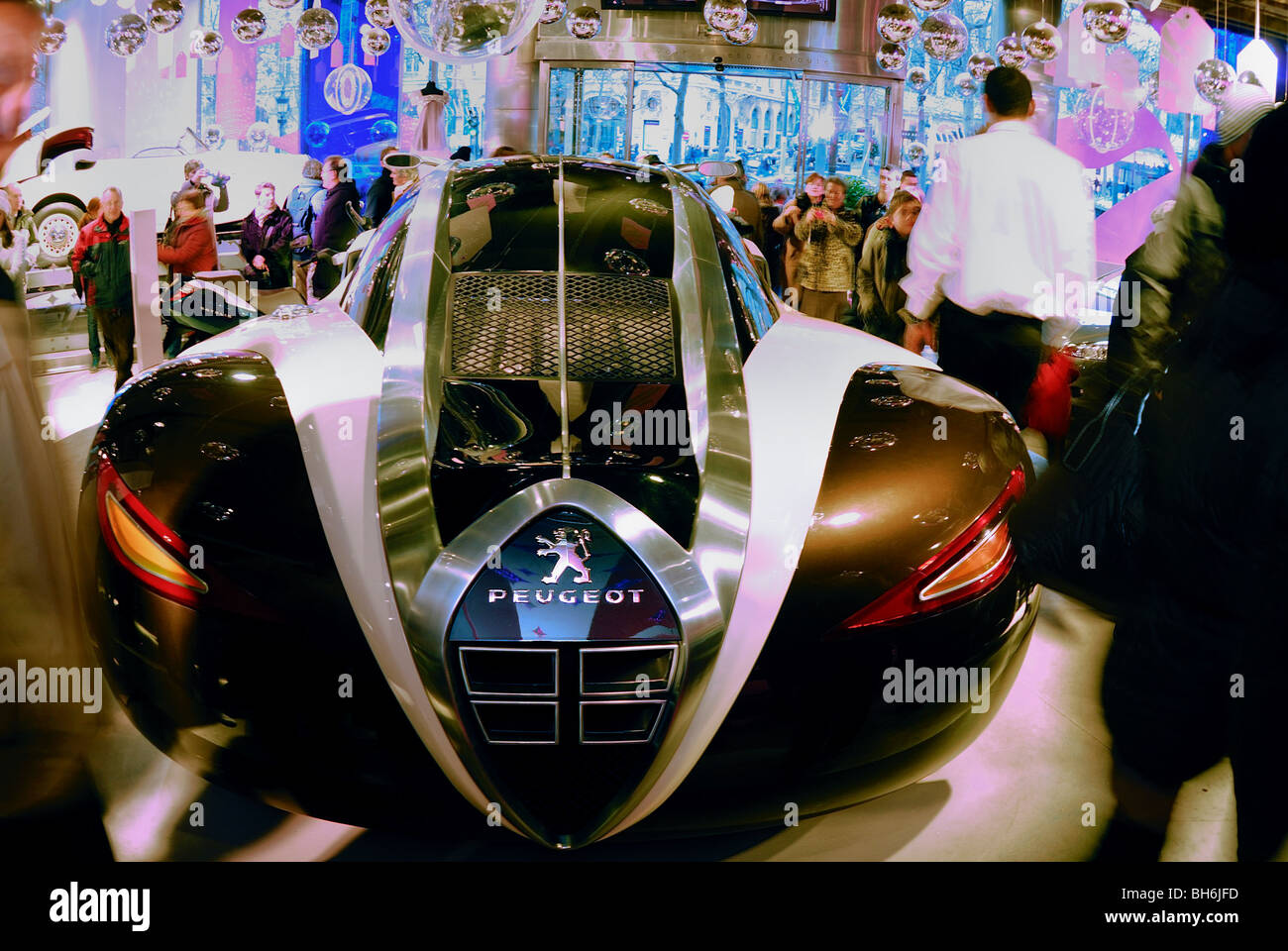 Paris, France, Detail, Display, Rear, Shopping, Peugeot, People Visiting New Car Showroom, 4002 Schulz, Concept Car, Green Tech, 'back to the future cars' Stock Photo