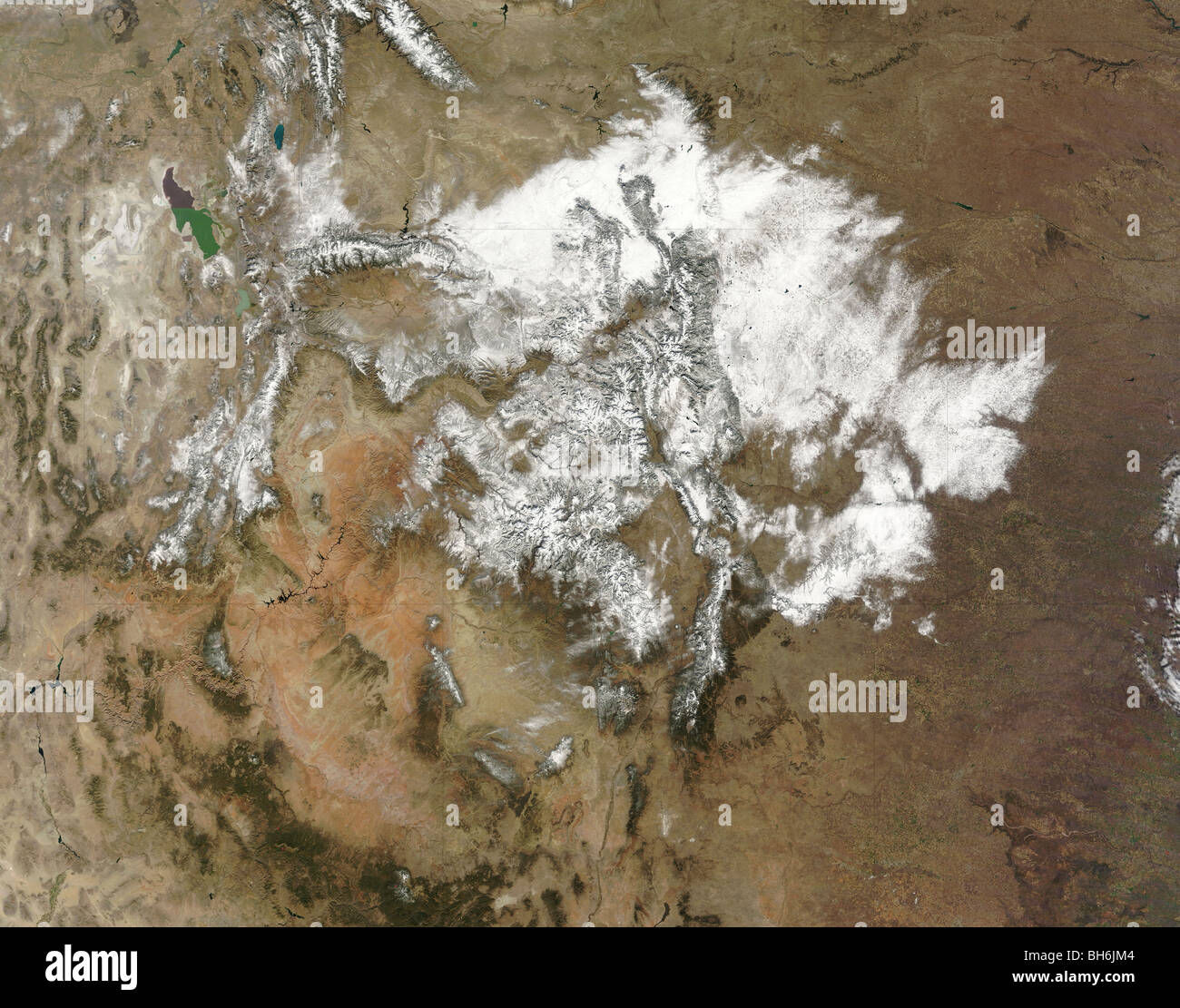 Snow covers the Rocky Mountains in the western United States. Stock Photo