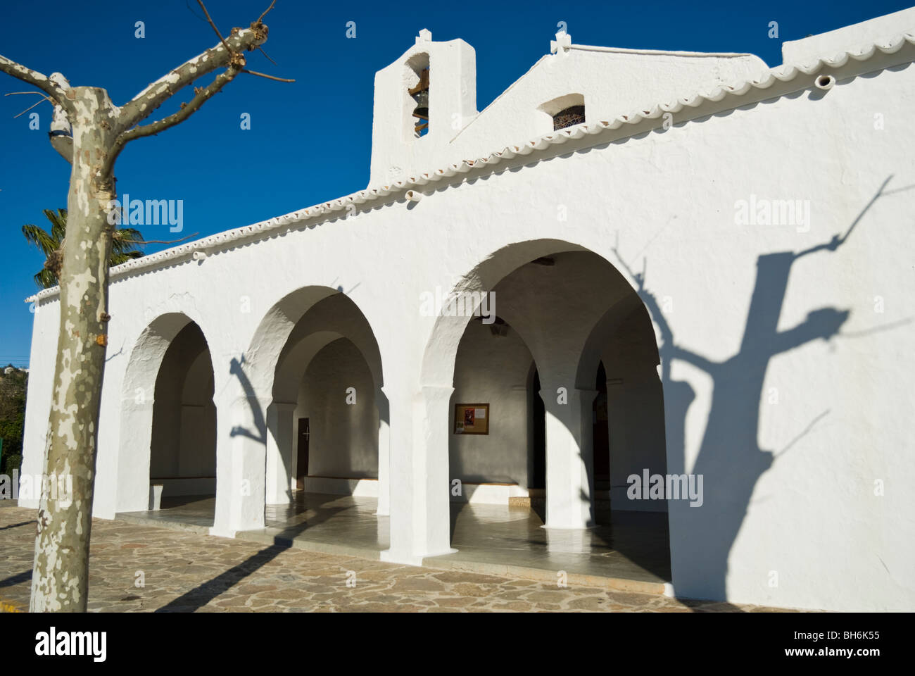 General view of arcade and courtyard of the Sant Carles de Peralta church, Ibiza, Spain Stock Photo