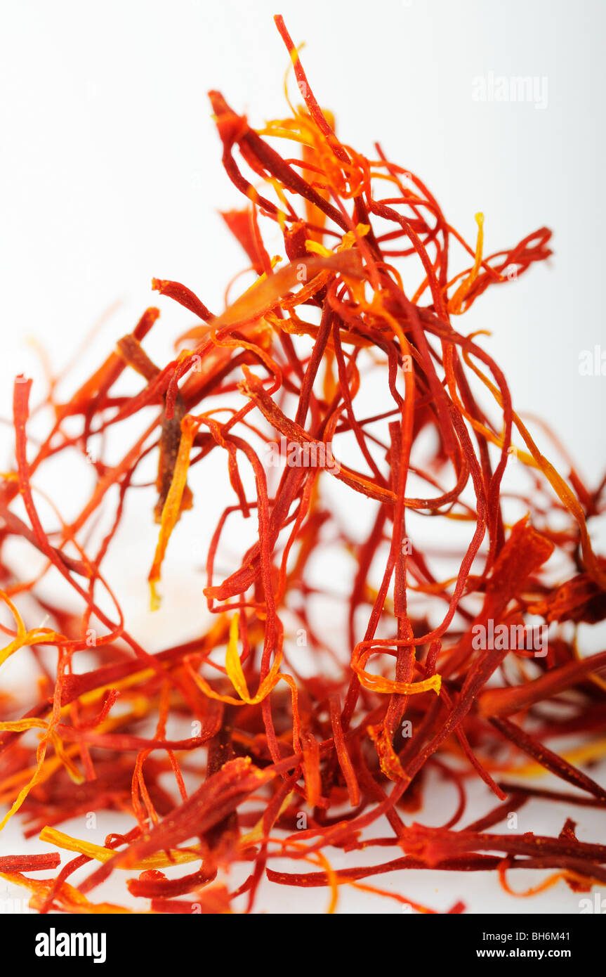 Stock photo of saffron strands on a white background. Stock Photo