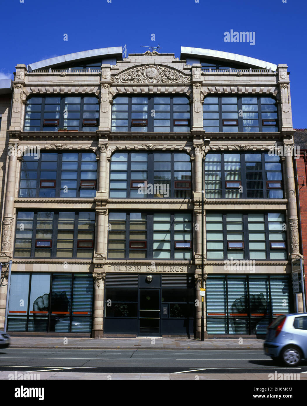Restored facade office building Great Ancoats Street Manchester England