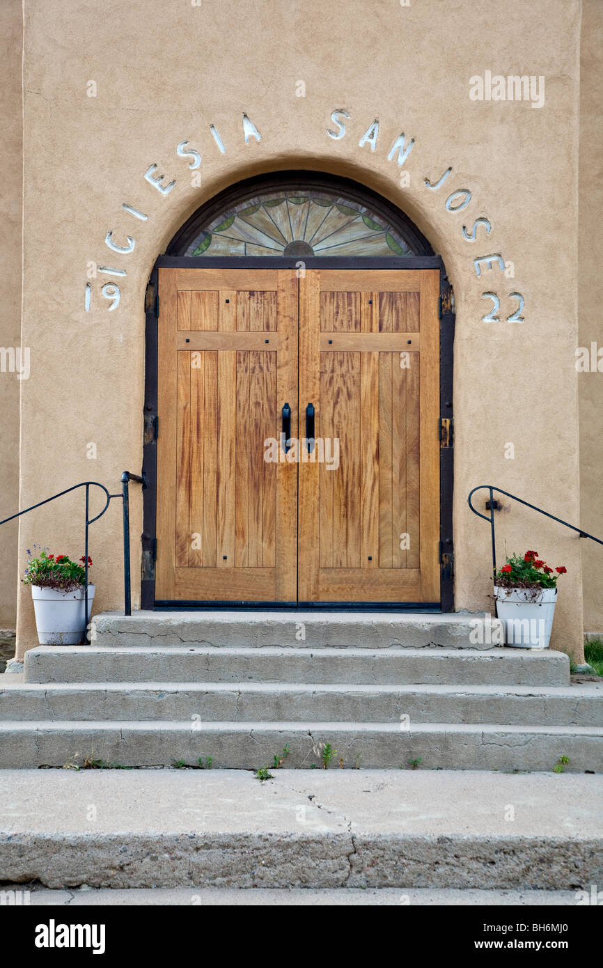 Doors to the St. Joseph's Church in Los Cerrillos, New Mexico Stock Photo