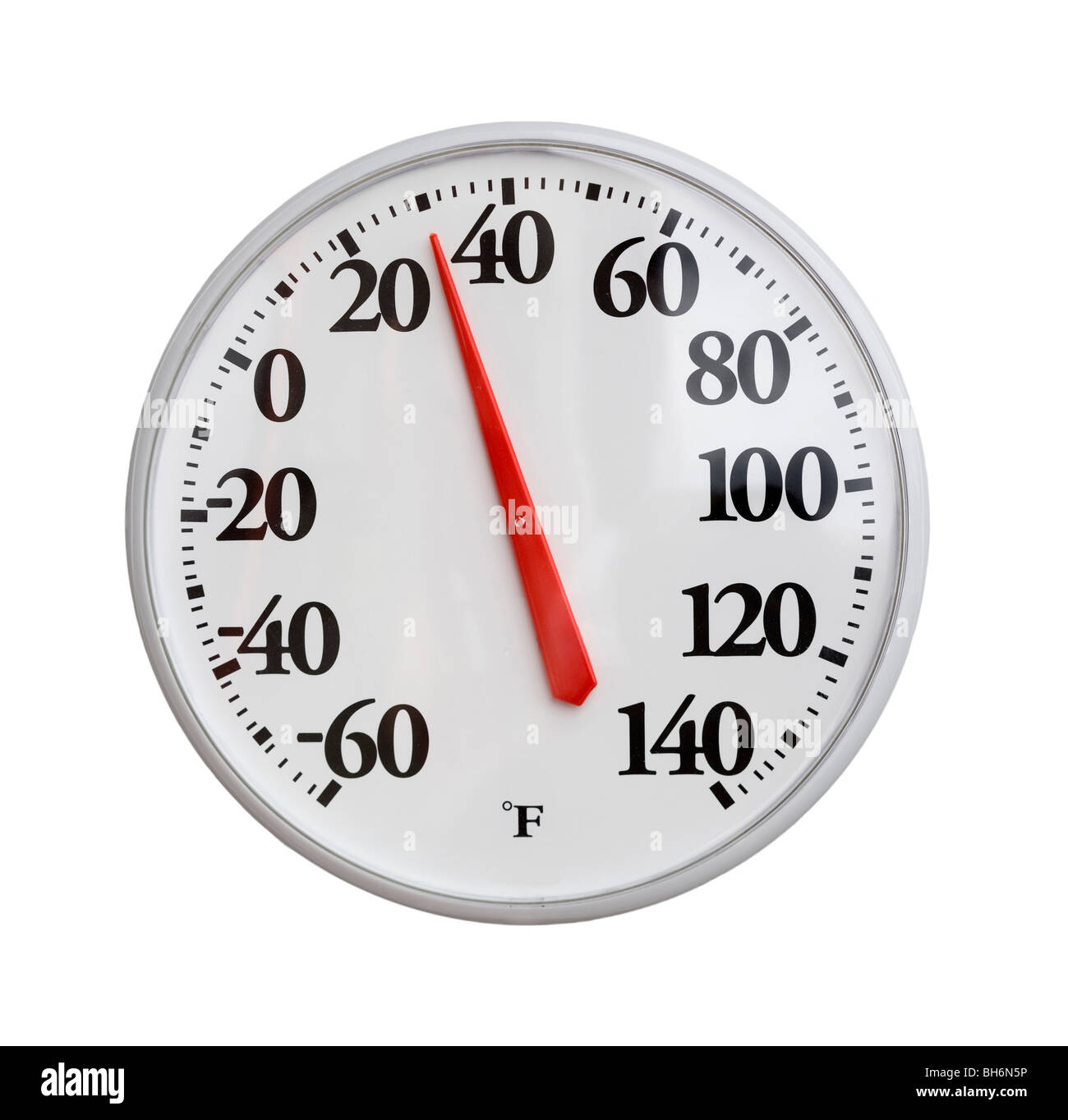 Round thermometer shows 30 degrees Fahrenheit, Stock Photo