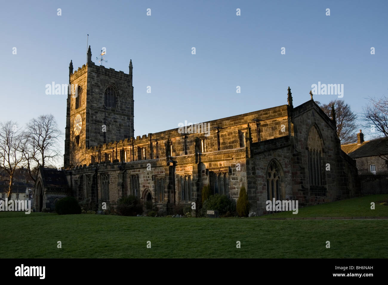 Holy Trinity Church, a splendid medieval construct at the top of Skipton's High Street, North Yorkshire Stock Photo