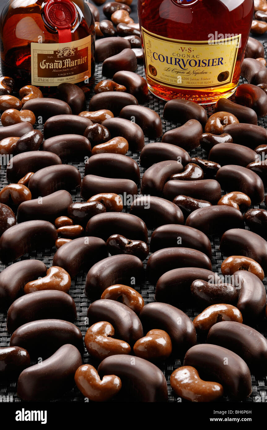 Brandy beans and chocolate covered cashews with liqueur and cognac Stock Photo