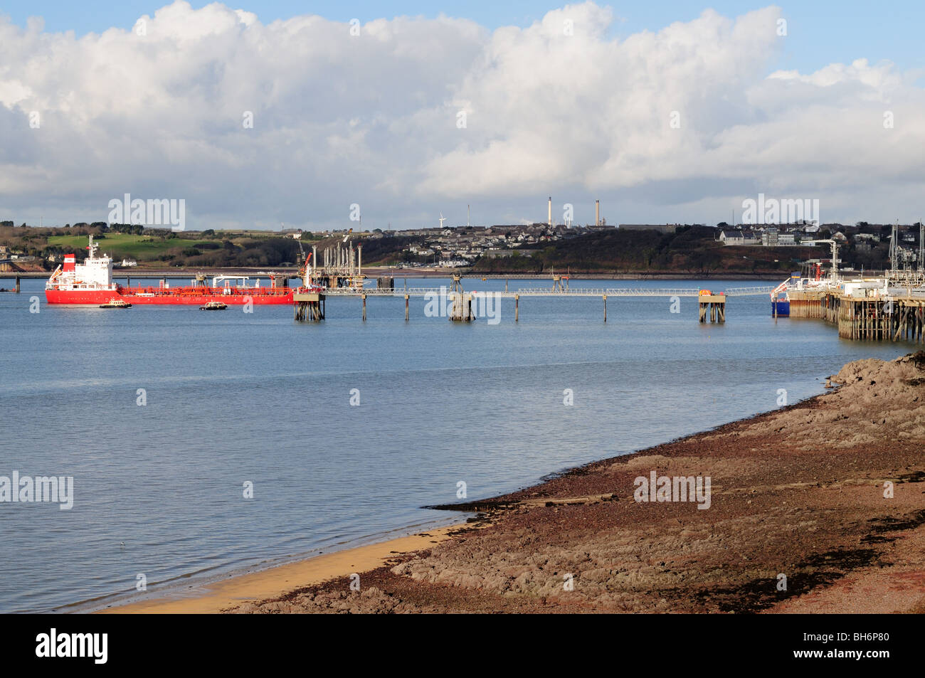 Oil Tanker entering Milfort Haven Port Authority Pembrokeshire Wales Cymru UK GB Stock Photo