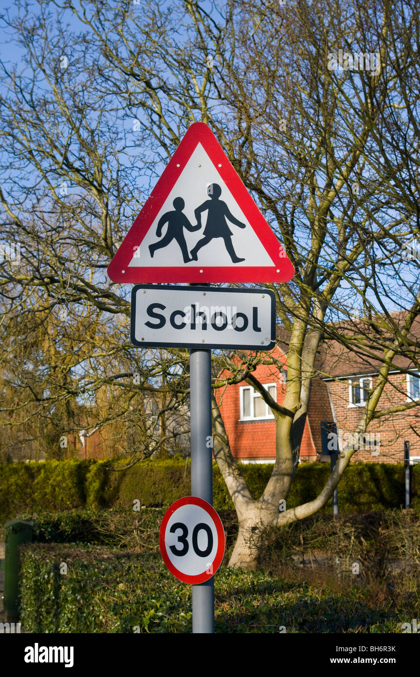 School Road Sign With A 30mph Restriction Road Sign Stock Photo