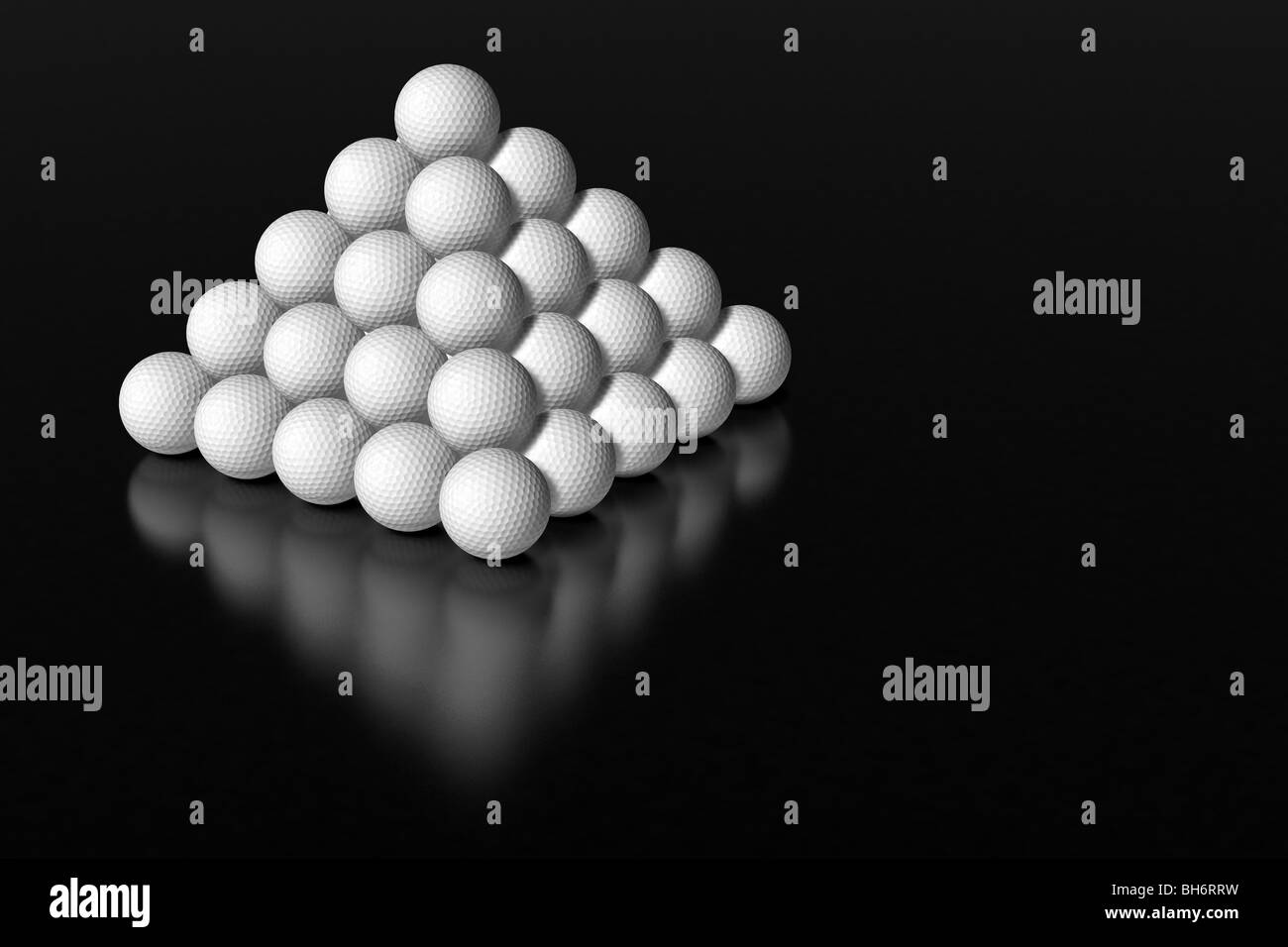 Highly detailed 3D-render of 55 golf balls set up to form a pyramid, mirroring on a brushed metal surface. Stock Photo
