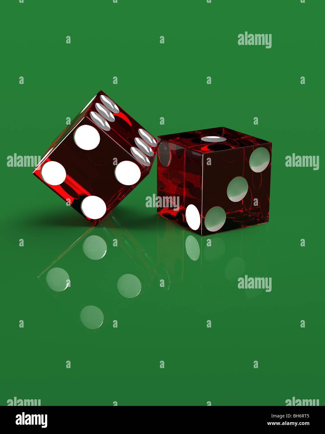 3D-render of two right handed red transparent casino dice on a green, reflective surface. Stock Photo