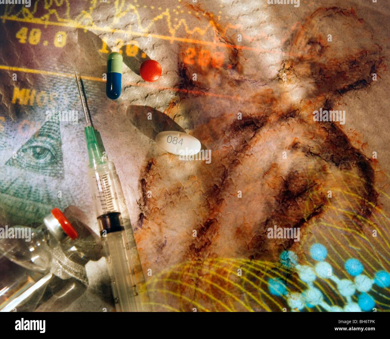 A collage of medical, body, and economic elements. Stock Photo
