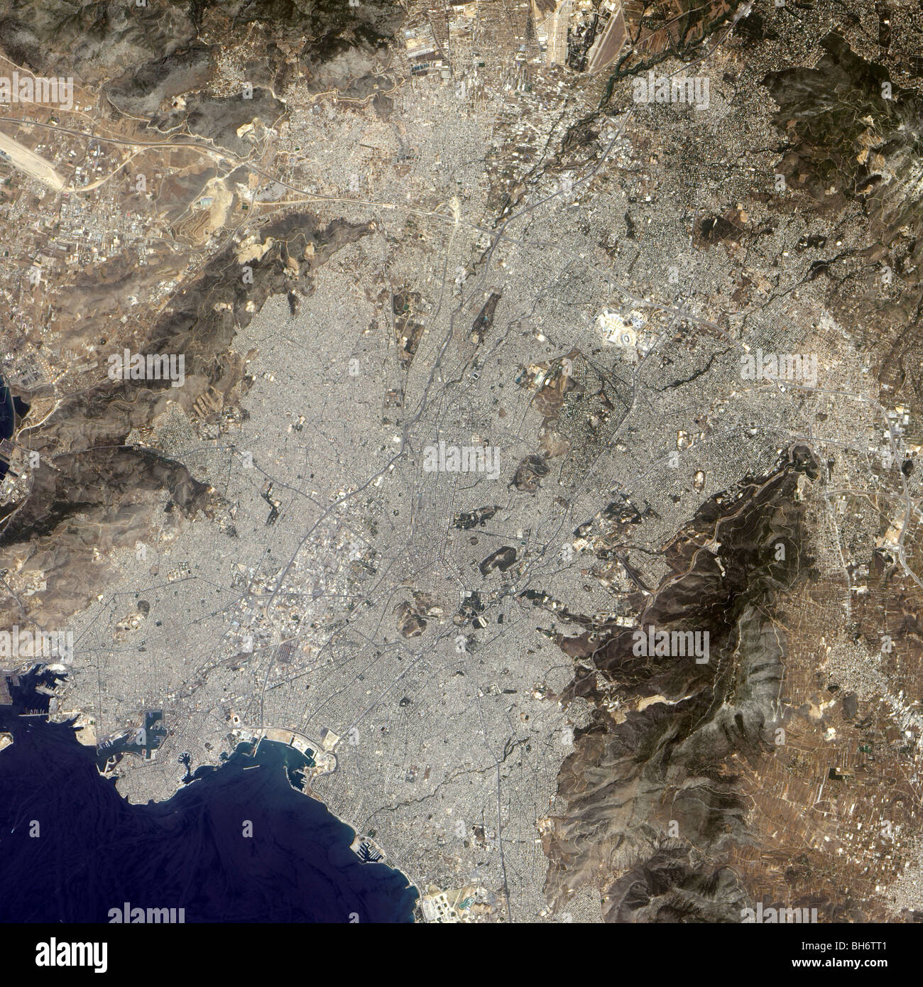 True-color satellite view of central Athens, Greece. Stock Photo