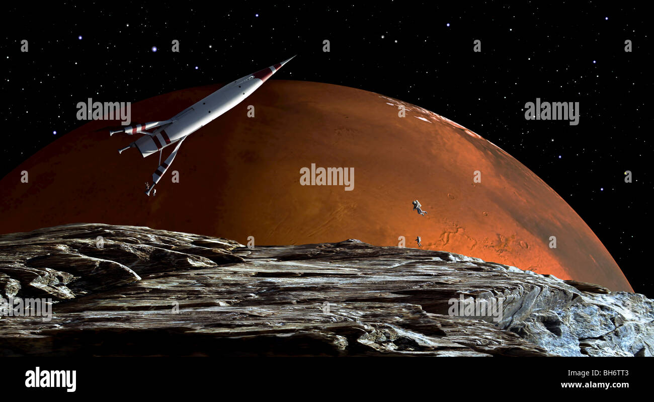 A spaceship in orbit over Mars moon, Phobos, with the red planet Mars in the background. Stock Photo