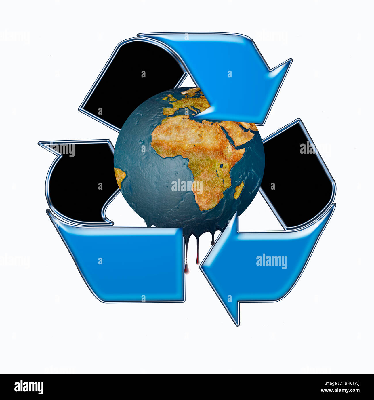 Global Warming, represented by a Melting Planet Earth within a Recycle Symbol Stock Photo