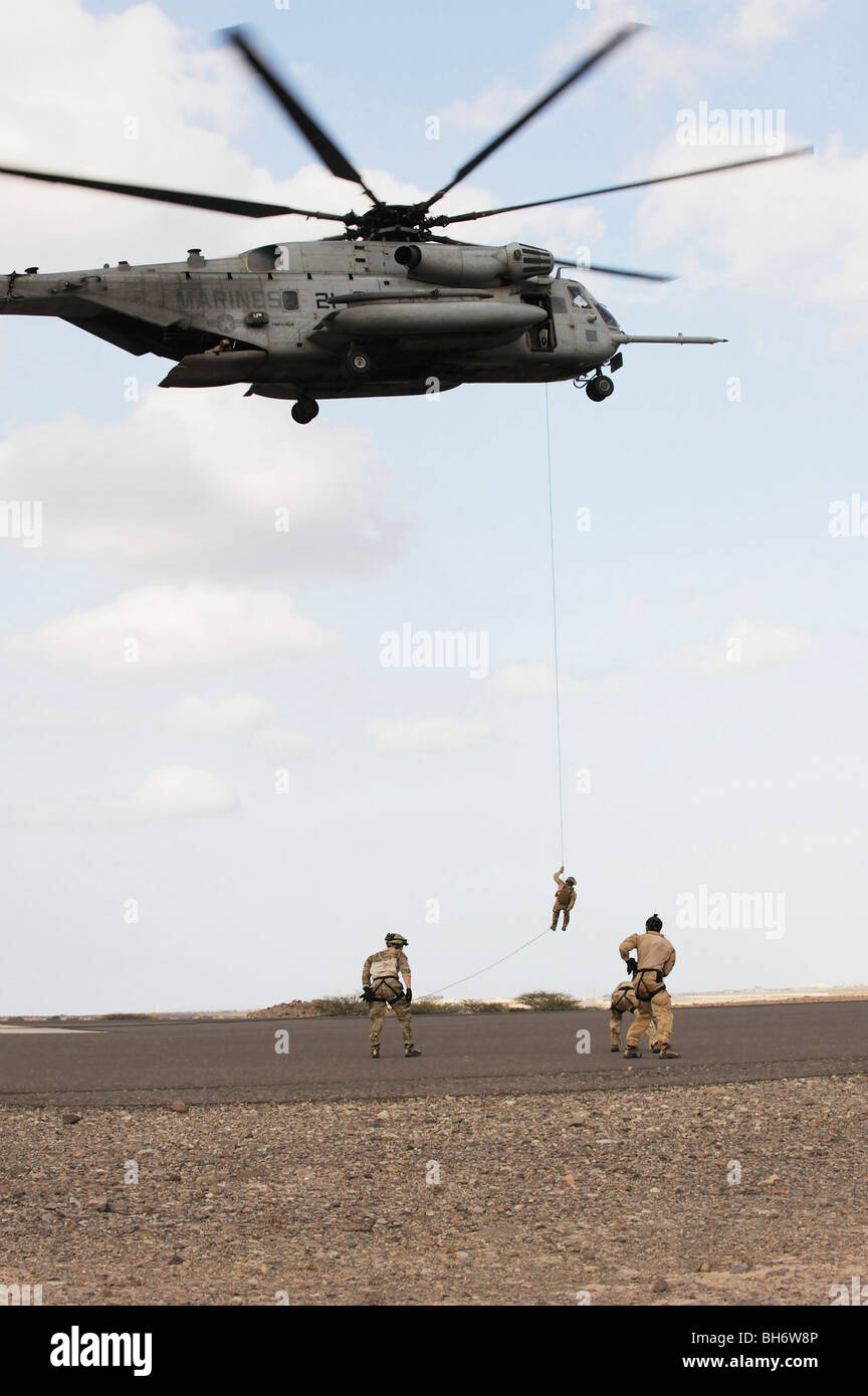 Air Force pararescuemen conduct a combat insertion and extraction exercise in Djibouti, Africa. Stock Photo