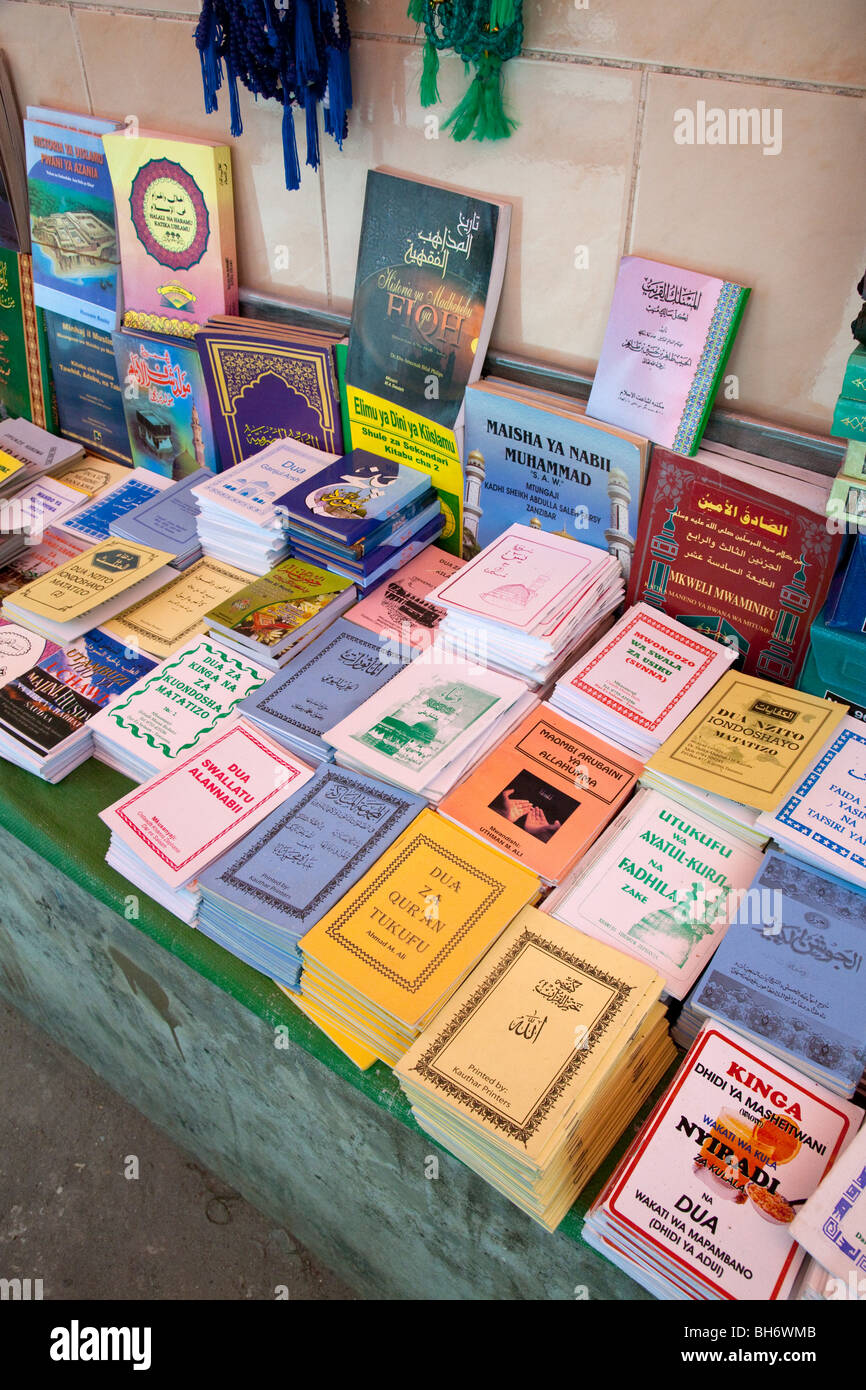 Stone Town, Zanzibar, Tanzania. Islamic instruction books in Swahili and Arabic on sale outside Jibril mosque. Stock Photo