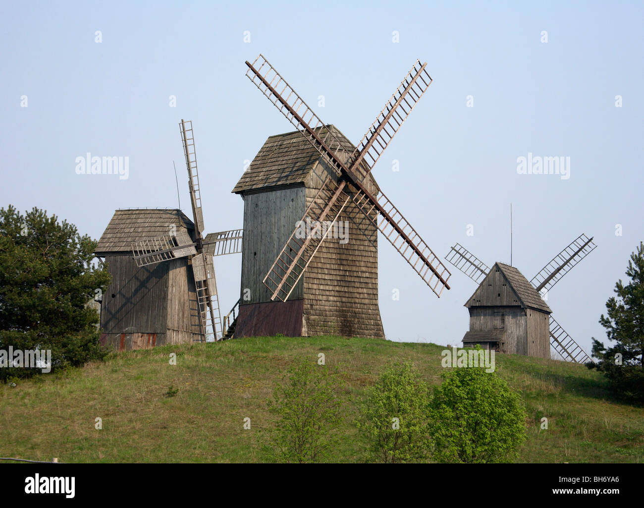 Old Wooden Windmills, Moraczewo, Cednicki Park, Wielkopolska, Poland Stock Photo