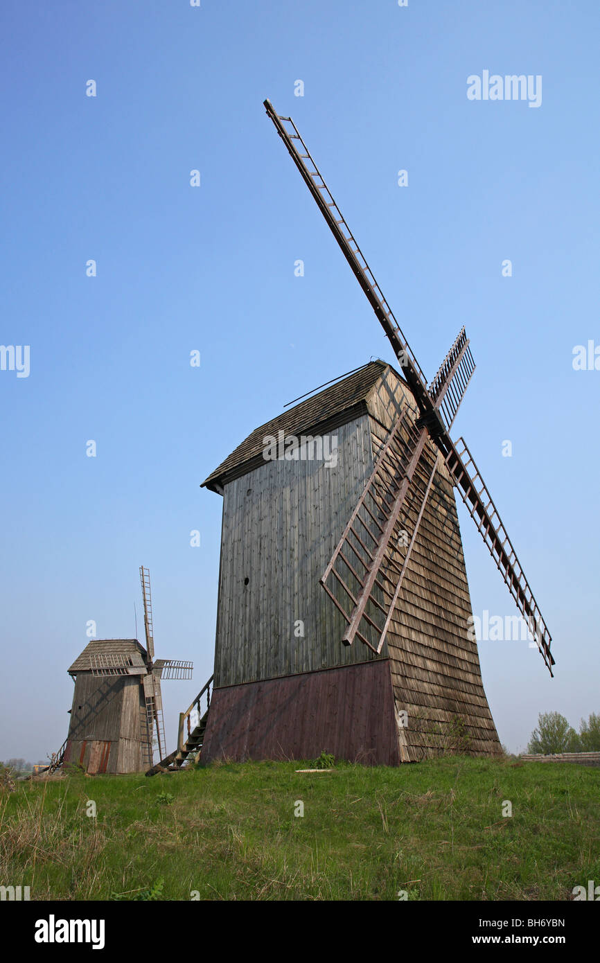 Old Wooden Windmills, Moraczewo, Cednicki Park at Wielkopolska, Poland Stock Photo
