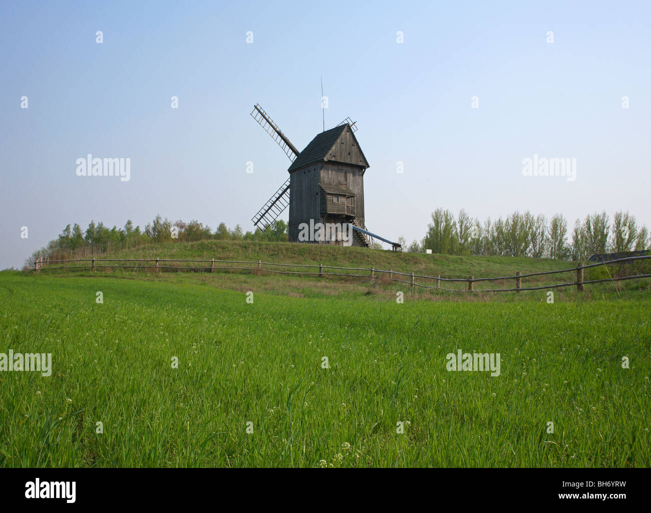 Old Wooden Windmills, Moraczewo, Cednicki Park, Wielkopolska, Poland Stock Photo