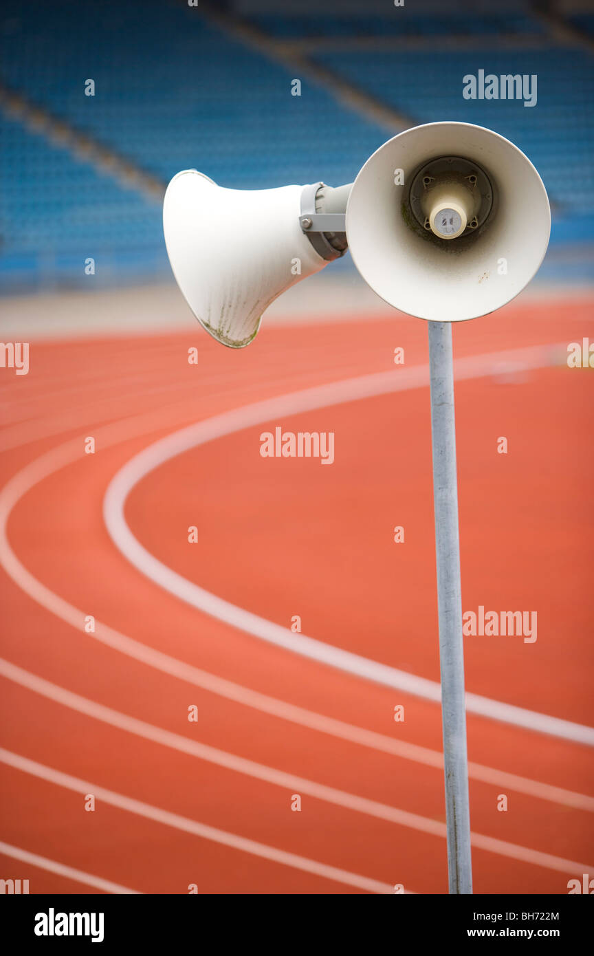 Olympics, running, track, lanes, athletics, sports, ground, seats,public,  address, system, loudspeaker, tanoy Stock Photo - Alamy