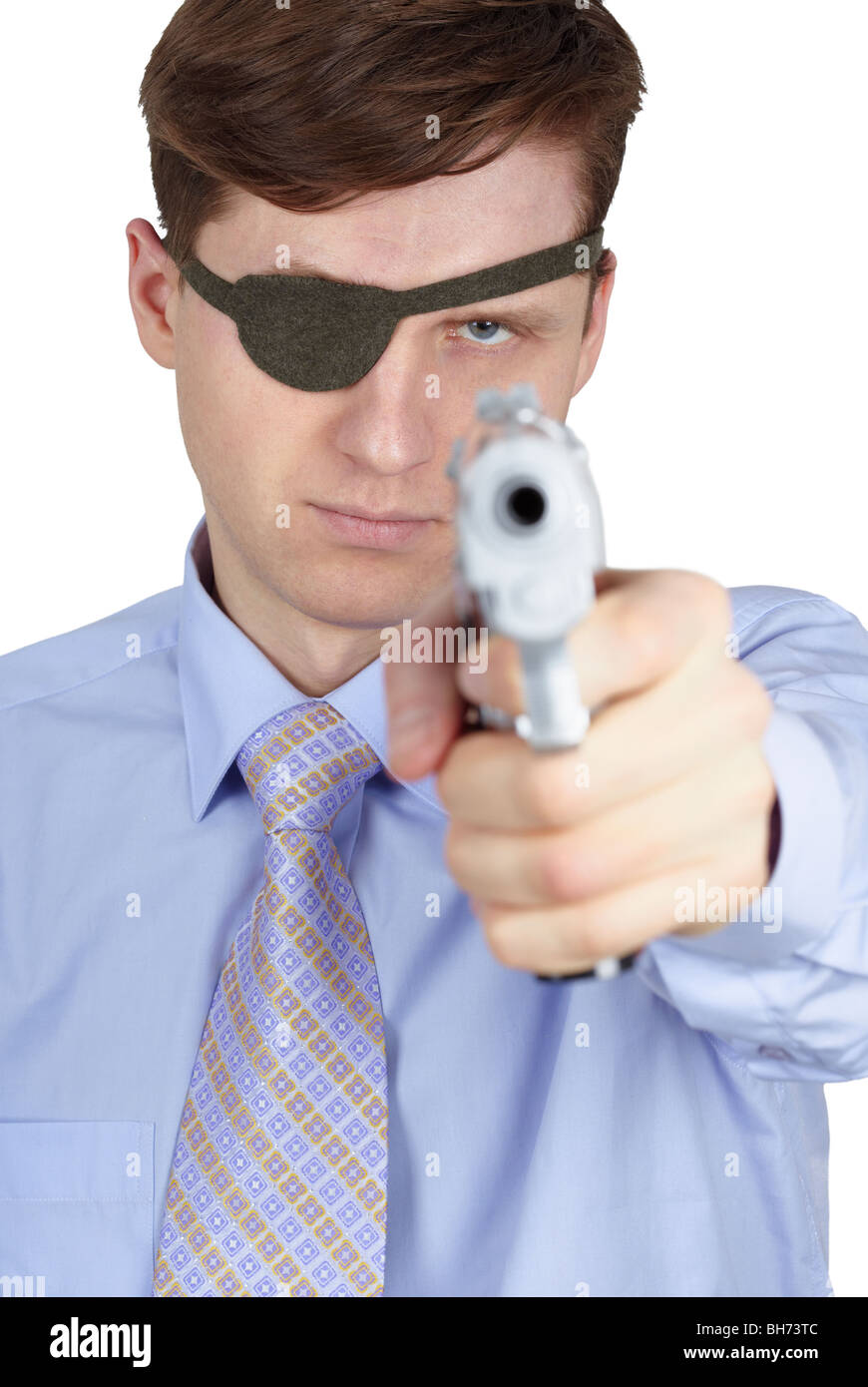 One-eyed robber threatens us with a pistol, isolated on a white background Stock Photo