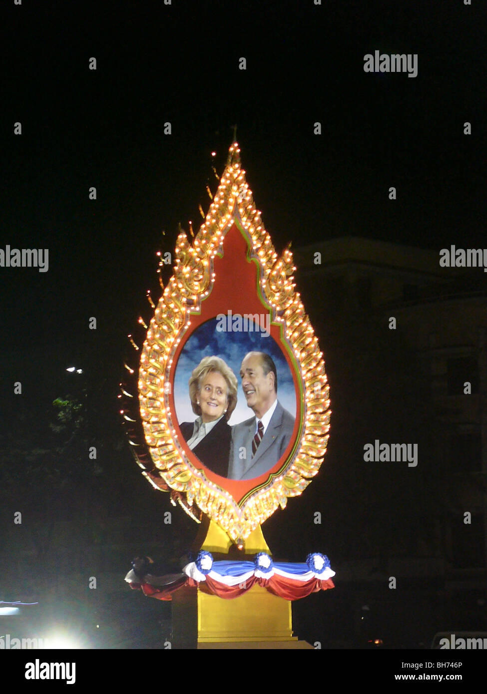 Thailand, Traditional Medallion with portrait of ex-French President Jacques Chirac with his Wife, Bernadette Stock Photo