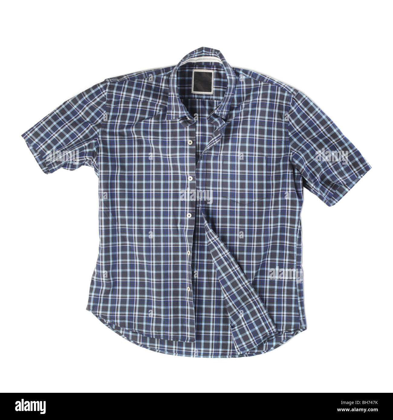 Men's short-sleeved blue plaid cotton shirt on white Stock Photo