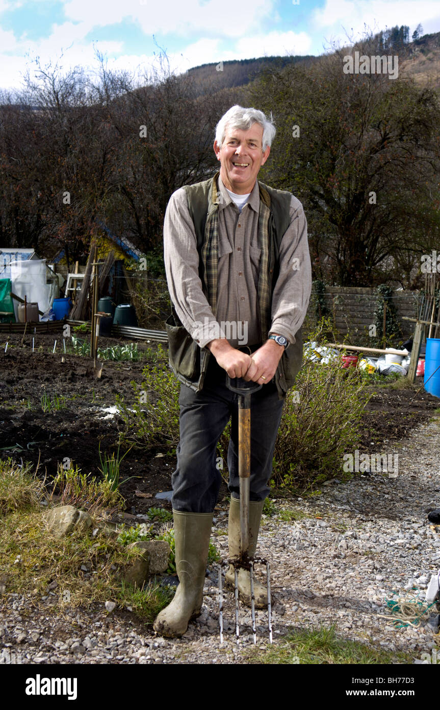 Radio and TV personality Terry Walton on his allotment in the  Rhondda valley, South Wales, UK. Stock Photo
