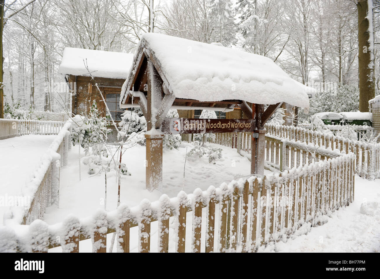 A winter wonderland at Centre Parcs Longleat Forest in the snow Stock Photo