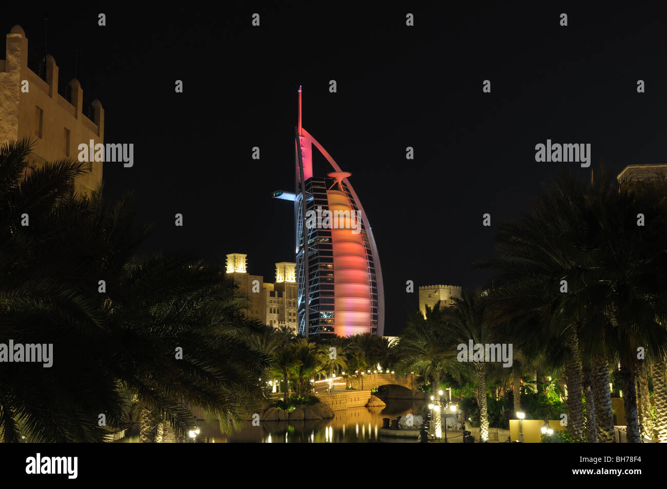 Madinat Jumeirah and Burj Al Arab at night. Dubai United Arab Emirates Stock Photo